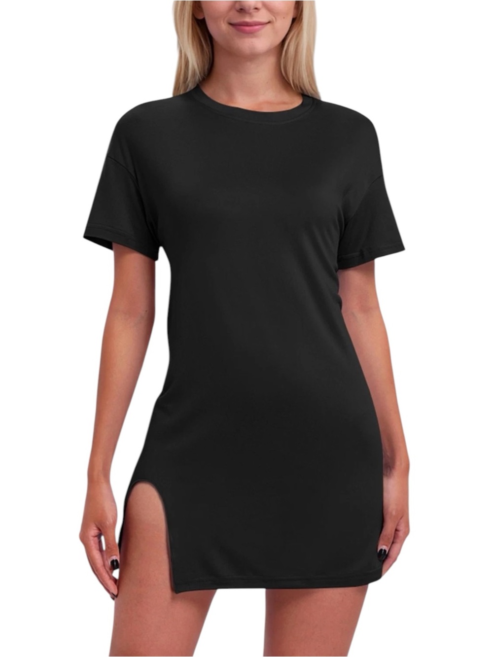 Heart & Hips Affordable Luxury Short Sleeve Crewneck TShirt Dress, Black Medium